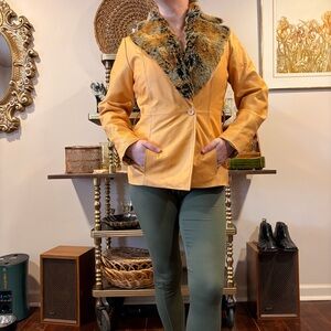 Vintage Y2K Excelled yellow-tan leather jacket with removable faux fur collar